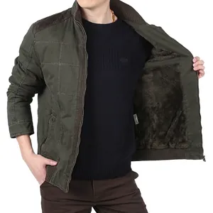 Men's winter fleece-lined army green military jacket with stand collar and quilted pattern