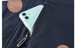 Macro view of zipper pocket on dark blue windbreaker showing phone storage capacity