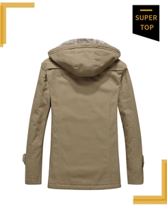 Detail view of khaki winter parka with fleece hood and adjustable cuffs for men