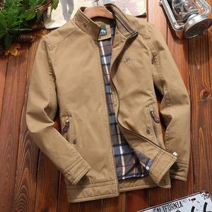 Men Casual Cotton Jacket Stand Collar Plaid Lining Zipper Closure Windproof Coat Vintage Workwear Outdoor Embroidery Long Sleeve Top