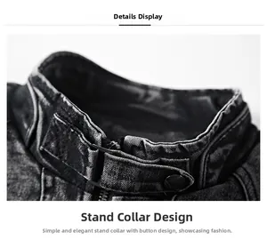 Macro shot of stand collar detailing on a slim-fit washed black denim jacket
