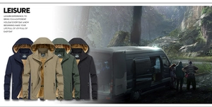 Detail of four color options and thick fleece lining for men's outdoor hooded jacket