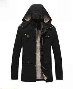 Detail of men's black winter parka with warm faux fleece lining and hooded design