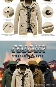 Detail of military-style cotton canvas jacket featuring multiple pockets and durable fabric