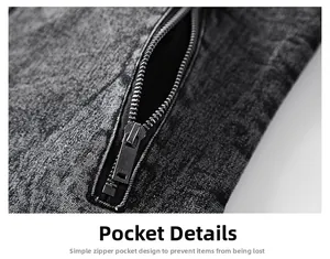Close-up of deep gray canvas jacket with secure metal diagonal zipper pocket detail