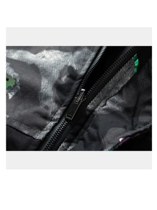 Macro shot of durable black zipper and abstract camouflage fabric texture on jacket