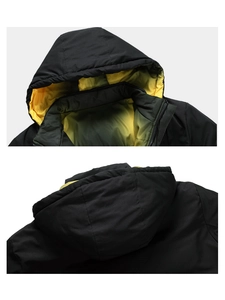 Vue détaillée de la veste d'hiver à capuche avec coque noire et doublure jaune