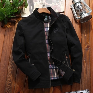 Men's business casual black stand collar jacket with vintage plaid lining and embroidery