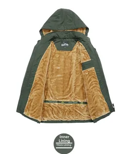 Detailed macro view of the thick brown fleece lining inside this army green winter jacket