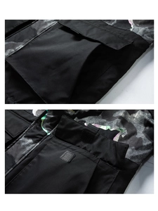 Detail of cargo pocket with velcro closure on camouflage mid-length outdoor jacket