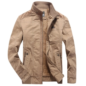 Men's winter khaki fleece-lined jacket with stand collar and ribbed cuffs for warmth