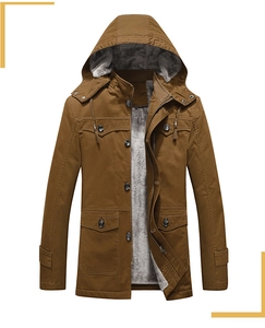 Detail of men's winter hooded jacket with thick fleece lining and double-layer zipper closure