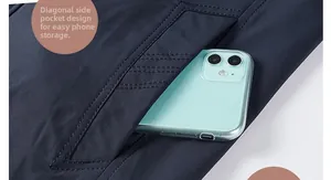 Detail of deep blue jacket side pocket showing utility and space for a smartphone