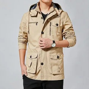 Men Cotton Washed Hooded Jacket Multi Pocket Cargo Coat Casual Windbreaker Outdoor Outerwear Spring Autumn Fashion Clothes