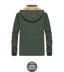 Rear view of men's heavyweight windproof hooded jacket with fleece lining and army green shell