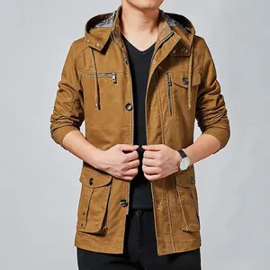 Slim fit men's hooded cotton jacket in dark khaki with multi-pocket utility design