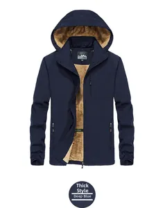 Detail view of winter outdoor jacket with warm brown faux lamb wool fleece lining