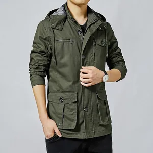 Slim fit olive green hooded cotton jacket for men with multi-pocket utility design