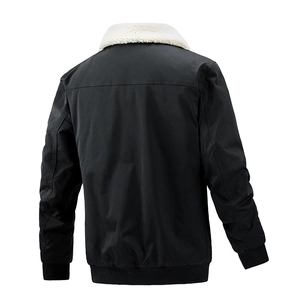 Men's black workwear jacket with white faux fur collar and ribbed cuffs back view