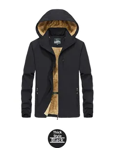 Detailed view of heavy black outdoor jacket featuring thick brown warm fleece lining inside