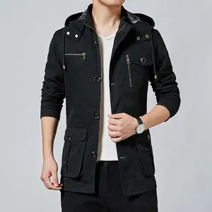 Men's slim fit black hooded cotton military jacket with multi-pocket utilitarian design