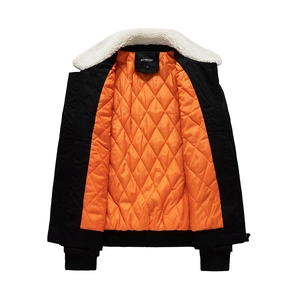 Men's black bomber jacket with orange quilted lining and white faux fur collar