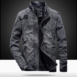 Men Retro Denim Jacket Stand Collar Slim Fit Cotton Blend Washed Jean Coat Moto Style Outerwear Zipper Pocket Jacket