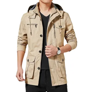 Men's khaki slim fit hooded cotton utility jacket with multi-pocket workwear design