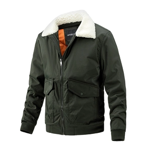 Men's dark green aviator jacket with white faux fur collar and quilted orange lining
