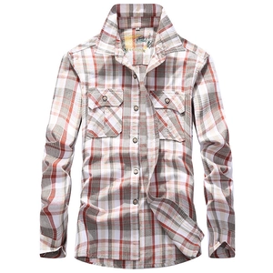 Classic plaid long sleeve cotton shirt for men with double chest pockets in beige and brown
