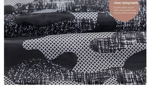 Close-up of camouflage lining fabric with cross-grid pattern on men's hooded jacket
