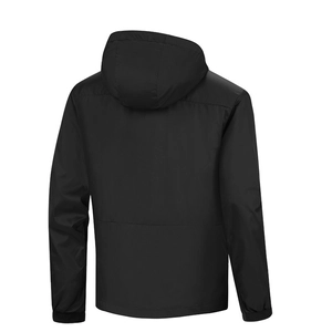Giacca a vento nera da uomo con cappuccio, design minimalista e tessuto leggero vista retro