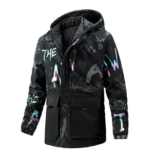 Men Reversible Camo Padded Jacket Mid Length Hooded Parka Reflective Graffiti Streetwear Windproof Winter Coat Multi Pocket