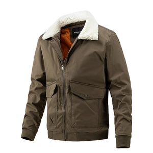Men's dark brown bomber jacket with white faux fur collar and orange quilted lining