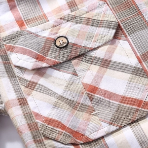 Men's casual long sleeve plaid shirt in orange and white with a stylish chest pocket