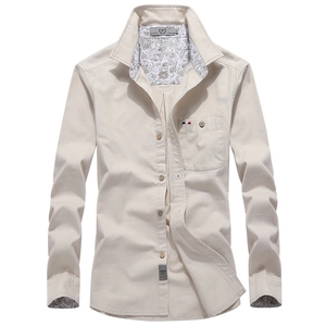 Men's khaki casual long sleeve shirt with paisley collar trim and flag detail accent