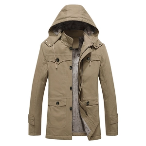 Men's winter khaki hooded parka jacket with warm fleece lining and multi-pocket design