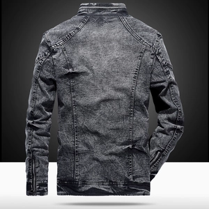 Slim fit washed black denim jacket for men featuring a stand collar and back stitching