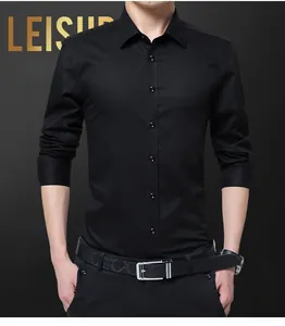 Front view of black slim fit business shirt featuring a pointed collar and button placket