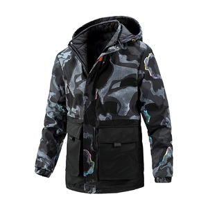 Men's camouflage hooded parka featuring iridescent trim and diamond quilted lining