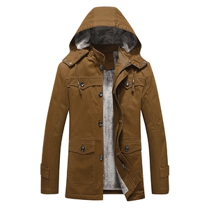 Men's winter hooded parkas in dark brown with thick fleece lining and utility pockets