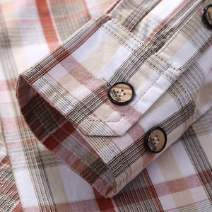Men's casual plaid long sleeve shirt with classic orange and brown check patterns