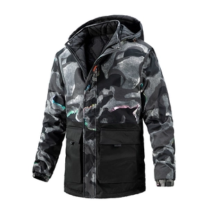 Men's camouflage hooded parka coat with reflective stripes and durable patchwork details