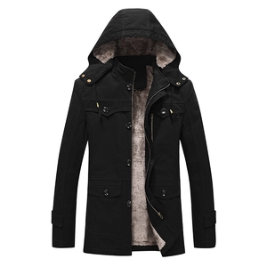 Men's winter heavy fleece-lined mid-length parka jacket in black with hood