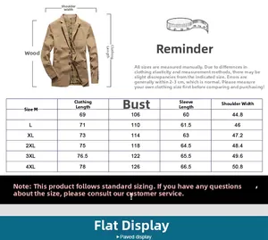Detailed size chart for men's casual blazer with measurements for M to 4XL sizes