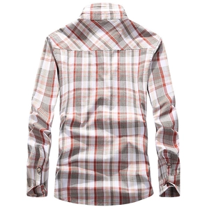 Men's casual long sleeve plaid shirt in orange and grey checkers, back view layout