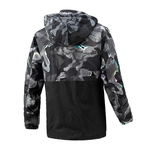 Men's camouflage hooded jacket with reflective piping and contrast patchwork design