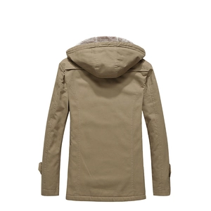 Back view of khaki winter hooded parka jacket with warm faux fur lining for men