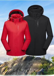 Waterproof and windproof hooded outdoor jacket in red and black with Explore text