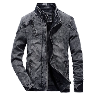 Men's vintage washed denim jacket with stand collar and functional zippers in black grey